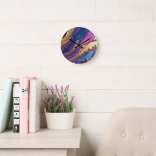 Abstract-Flow Art-Blue Pink Purple and Gold- Round Clock