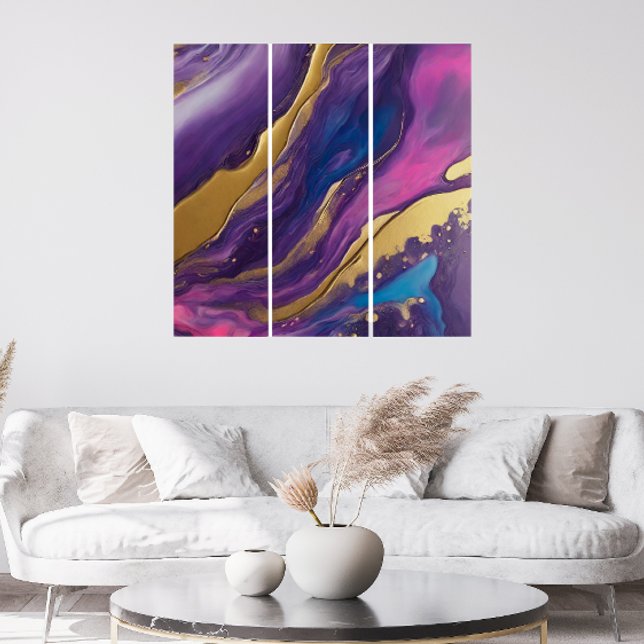Abstract-Flow Art-Blue Pink Purple and Gold- Triptych (Abstract Flow Art-Blue Purple Pink and Gold)