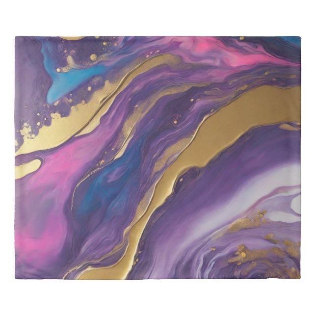 Abstract Flow Art-Blue Purple Pink and Gold- Duvet Cover (Front)