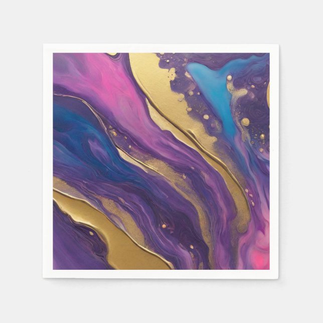Abstract Flow Art- Blue Purple Pink and Gold- Napkins (Front)