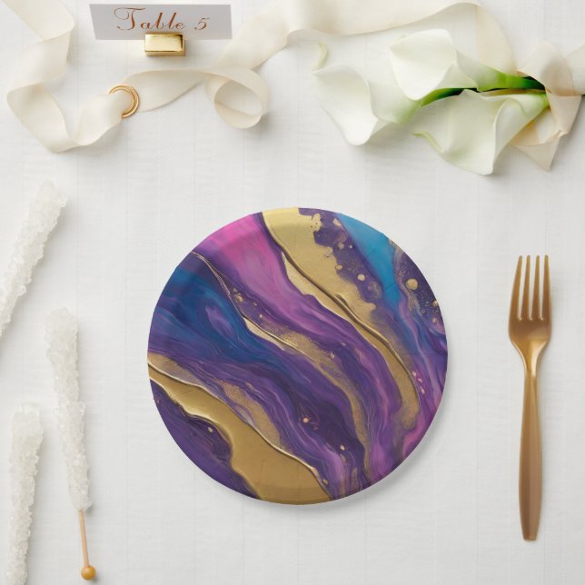 Abstract Flow Art-Blue Purple Pink and Gold- Paper Plates (Wedding)