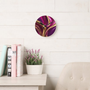 Abstract-Flow Art-Fuchsia Purple and Gold- Round Clock