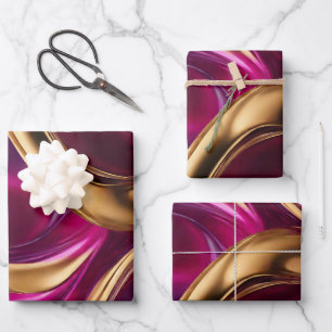 Abstract Flow Art- Fuchsia Purple and Gold- Wrapping Paper Sheets
