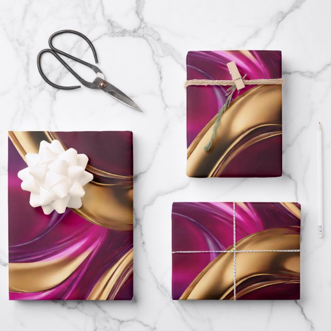 Abstract Flow Art- Fuchsia Purple and Gold- Wrapping Paper Sheets (Front)