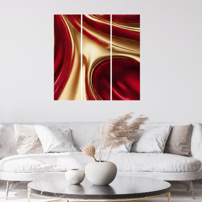 Abstract-Flow Art-Red and Gold- Triptych (Abstract Flow Art- Ruby Red and Shiny Gold-Modern Christmas Wall Art-Tryptech)
