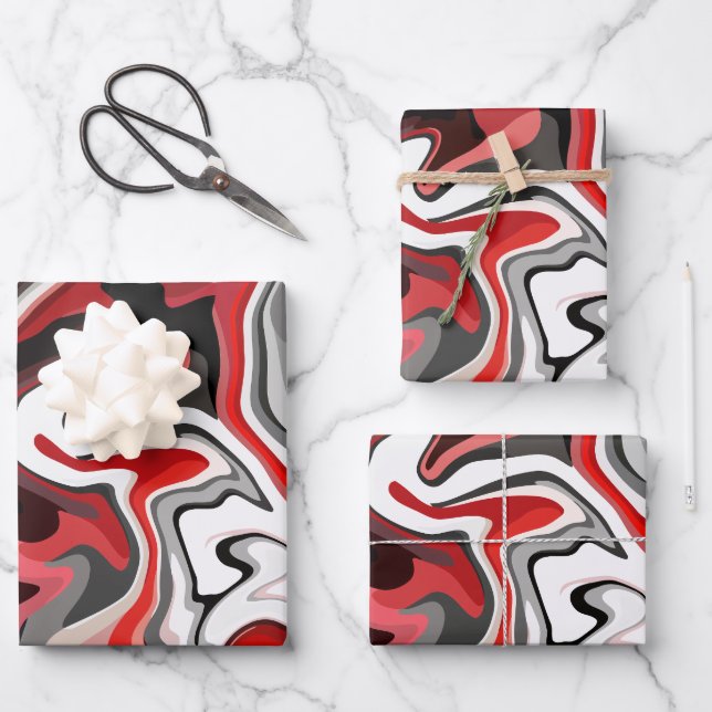 Abstract Flow of Red, black, white & Gray Tones Wrapping Paper Sheets (Front)