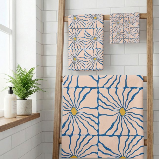 Abstract Flower Blue Yellow Retro Boho Floral  Bath Towel Set (Creator Uploaded)