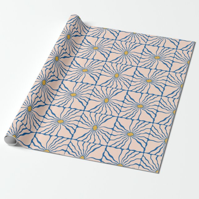 Abstract Flower Blue Yellow Retro Boho Floral  Wrapping Paper (Unrolled)