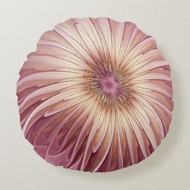Abstract Flower Fractal Art & Shades of Burgundy Round Pillow (Front)