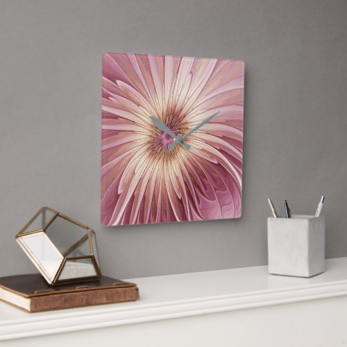 Abstract Flower Fractal Art  Shades of Burgundy Square Wall Clock
