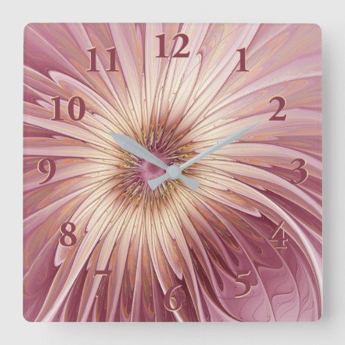 Abstract Flower Fractal Art  Shades of Burgundy Square Wall Clock