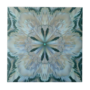 Abstract Flower Fractal Teal White Blue Gray Ceramic Tile