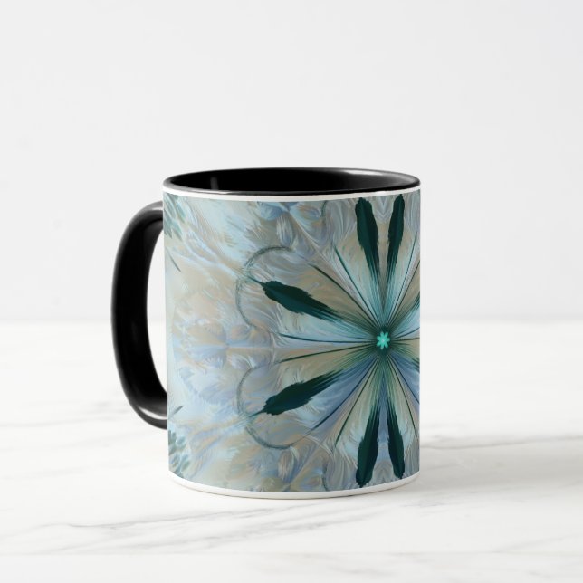 Abstract Flower Fractal Teal White Blue Gray Mug (Front Left)