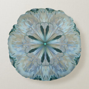 Abstract Flower Fractal Teal White Blue Gray Round Pillow