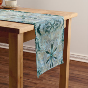 Abstract Flower Fractal Teal White Blue Gray Short Table Runner