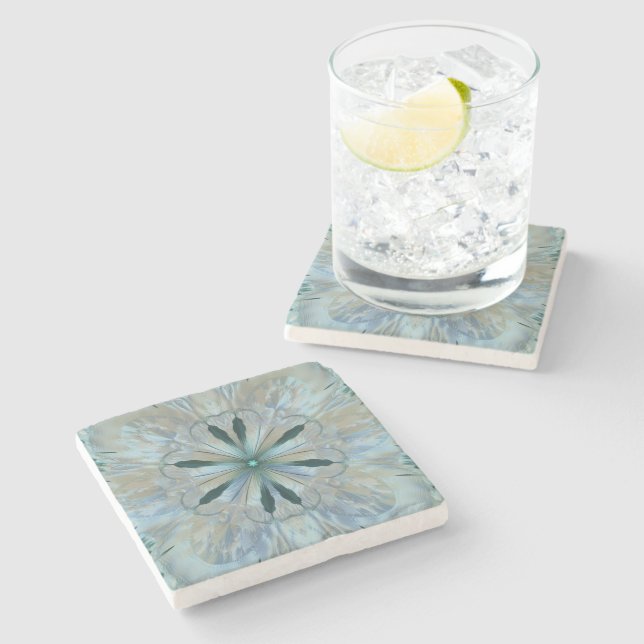 Abstract Flower Fractal Teal White Blue Gray Stone Coaster (Side)