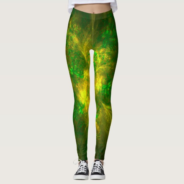 Abstract Flower Light Yellow And Green Patterns Leggings (Front)