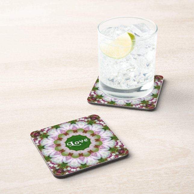  Abstract Flower Mandala with Love optional Text Beverage Coaster (Right Side)