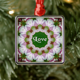 Abstract Flower Mandala with Love optional Text Metal Ornament