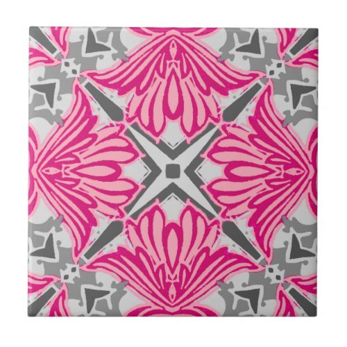 Abstract Flower Petals Fuchsia Pink and Gray  Ceramic Tile