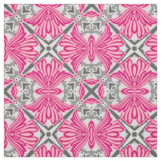 Abstract Flower Petals Fuchsia Pink and Gray   Fabric (Swatch)