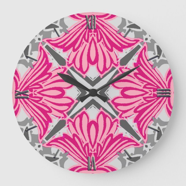 Abstract Flower Petals Fuchsia Pink and Gray  Large Clock (Front)
