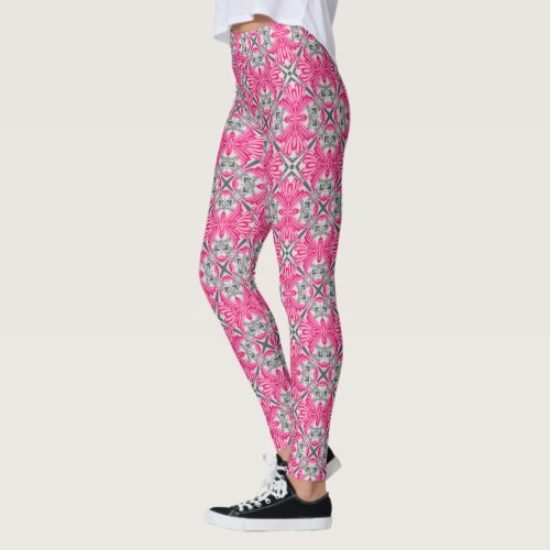 Abstract Flower Petals Fuchsia Pink and Gray   Leggings