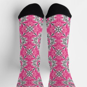 Abstract Flower Petals Fuchsia Pink and Gray Socks