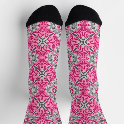 Abstract Flower Petals Fuchsia Pink and Gray   Socks