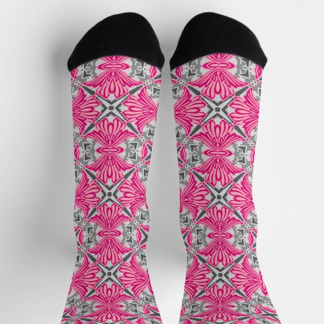 Abstract Flower Petals Fuchsia Pink and Gray   Socks (Top)