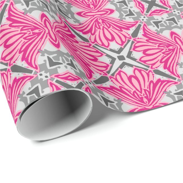 Abstract Flower Petals Fuchsia Pink and Gray   Wrapping Paper (Roll Corner)
