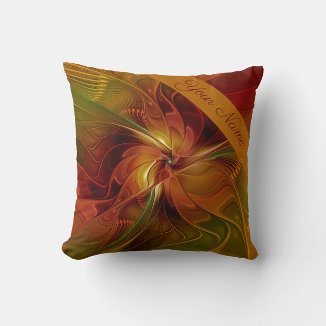 Abstract Flower Red Orange Brown Green Name Throw Pillow (Front)