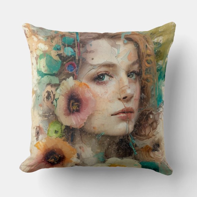 Abstract Flower Woman Portrait Throw Pillow (Front)