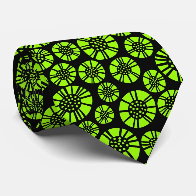 Abstract Flowers 031023 - Chartreuse on Black Neck Tie (Rolled)