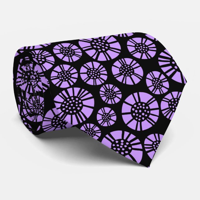 Abstract Flowers 031023 - Easter Purple on Black Neck Tie (Rolled)