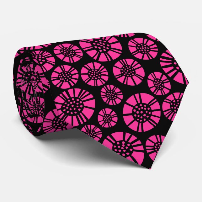 Abstract Flowers 031023 -Hot Pink on Black Neck Tie (Rolled)