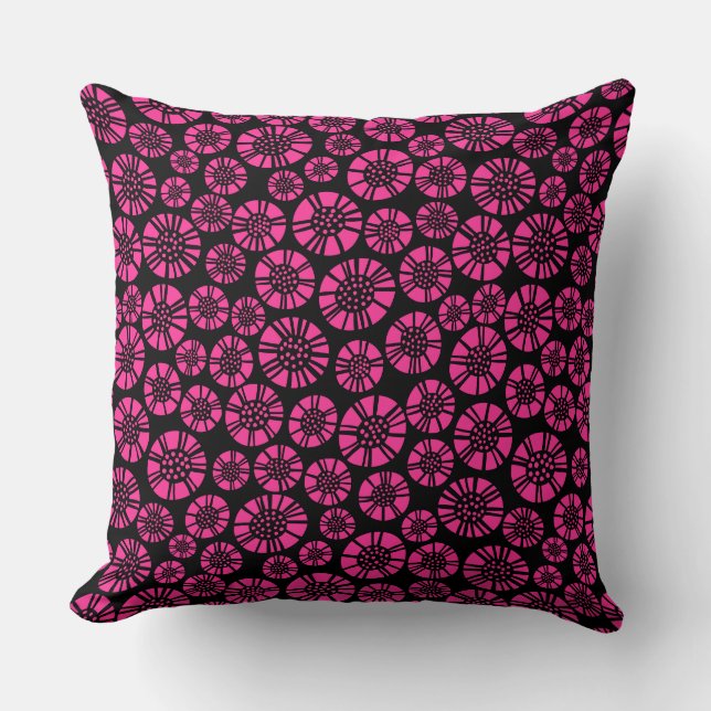 Abstract Flowers 031023 -Hot Pink on Black Throw Pillow (Front)