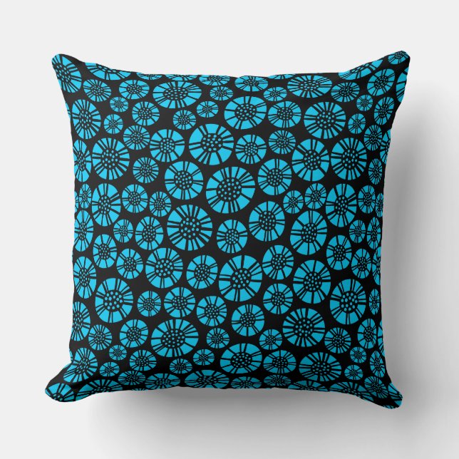 Abstract Flowers 031023 - Sky Blue on Black Throw Pillow (Front)