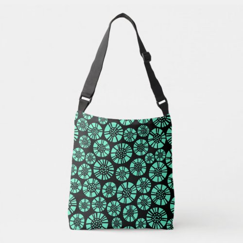 Abstract Flowers 031023 _ Turquoise on Black Crossbody Bag