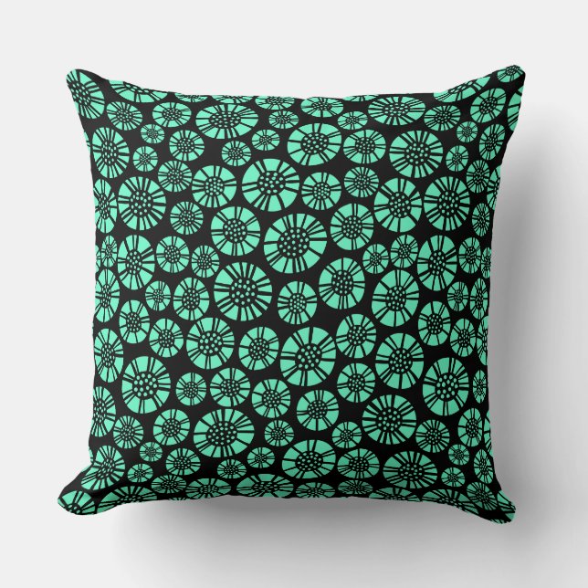Abstract Flowers 031023 - Turquoise on Black Throw Pillow (Front)