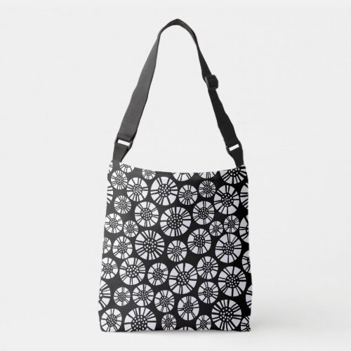 Abstract Flowers 031023 _ White on Black Crossbody Bag