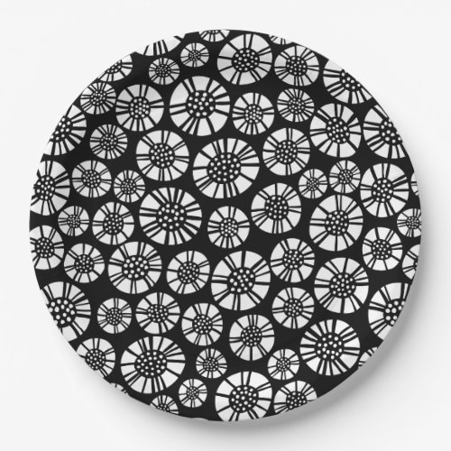 Abstract Flowers 031023 _ White on Black Paper Plates