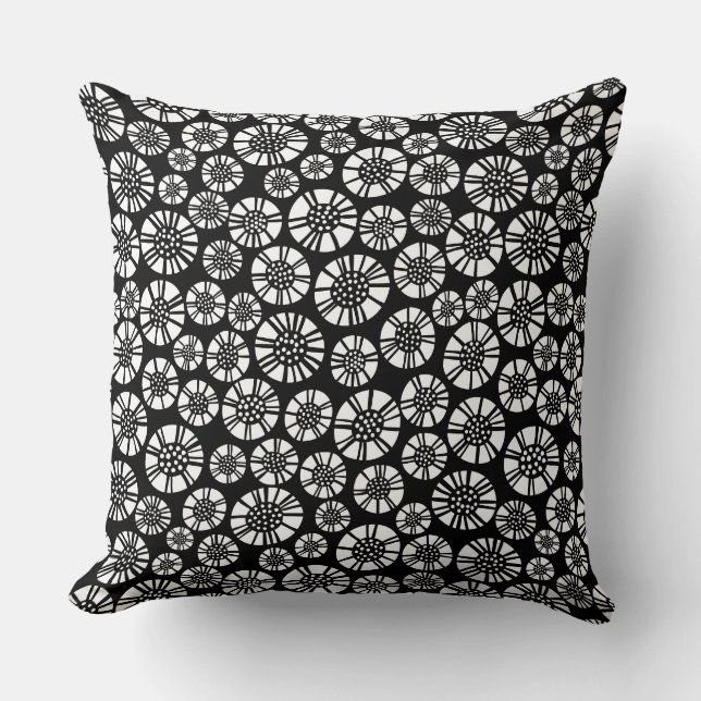 Abstract Flowers 031023 - White on Black Throw Pillow (Front)