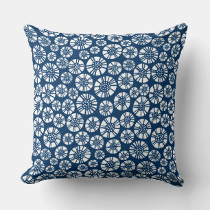 Abstract Flowers 031023 - White on Shibori Blue Throw Pillow