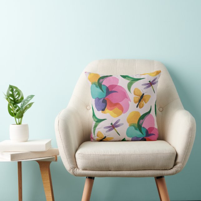 Abstract Flowers and Butterflies Pastel Throw Pillow (Chair)