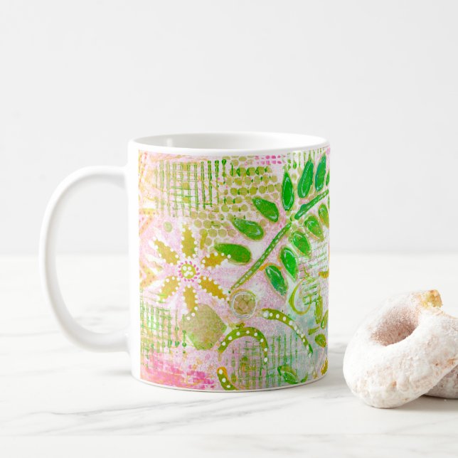 Abstract Flowers and Leaves Coffee Mug (With Donut)