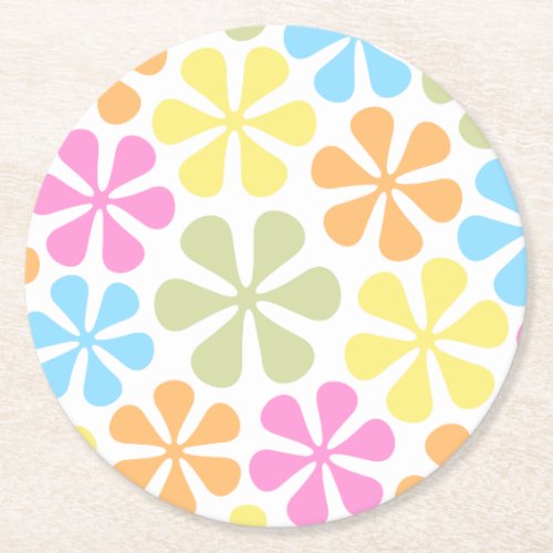 Abstract Flowers Bright Color Mix Round Paper Coaster