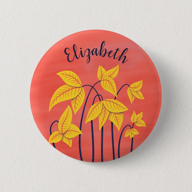Abstract Flowers Coral Yellow Floral Art Name Button (Front)