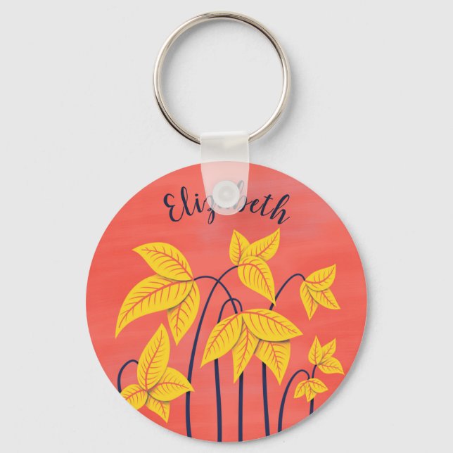 Abstract Flowers Coral Yellow Floral Art Name Keychain (Front)