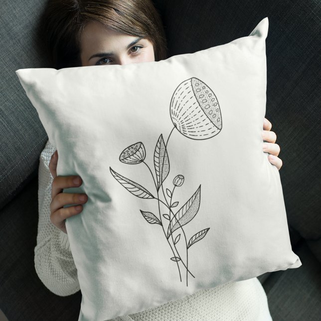 Abstract Flowers Doodle Black White Stylish Throw Pillow (Creator Uploaded)